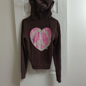 Vintage Y2K PINK Victoria's Secret Brown Hoodie with Hearts & Peace Sign Zip Up